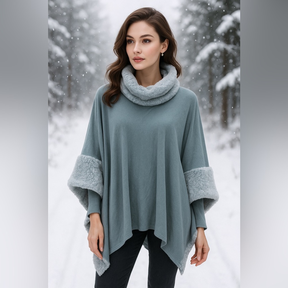 Capote blue elegant faux fur poncho cape S/M